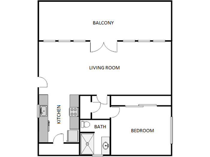 Floor plan for 1 bed, 1 bath, 740 sqft